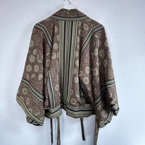 Japanese Kimono Jacket Womens Brown Green Floral Stripe Pattern Boho Lightweight - Picture 2 of 7